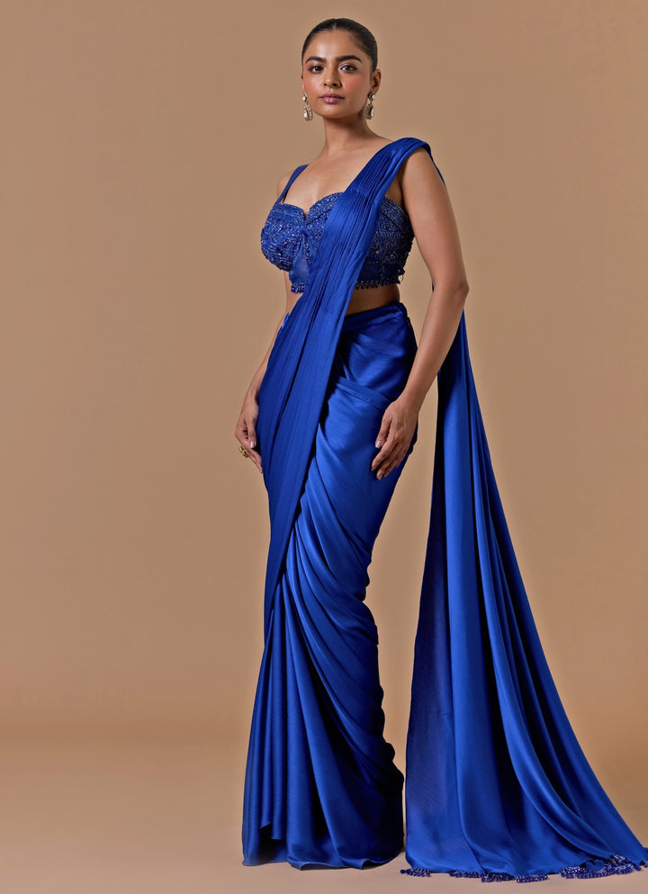 Royal Blue Satin Pre-Draped Saree