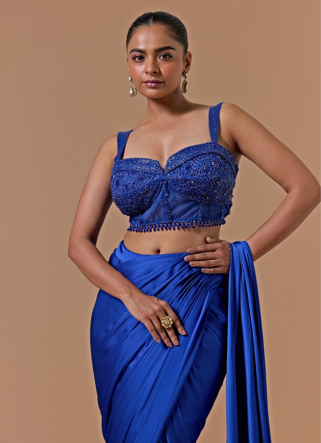 Royal Blue Satin Pre-Draped Saree