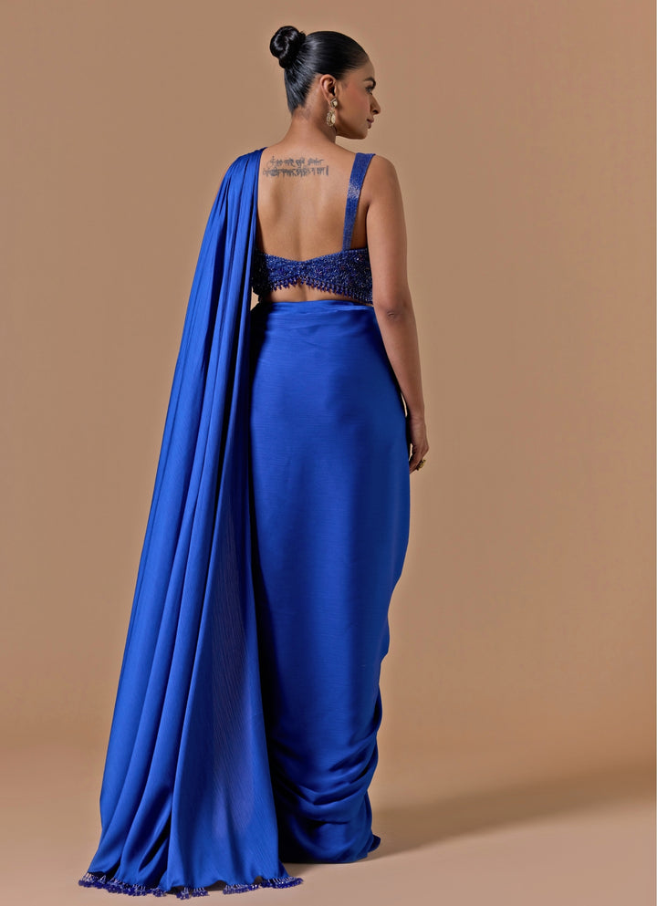 Royal Blue Satin Pre-Draped Saree