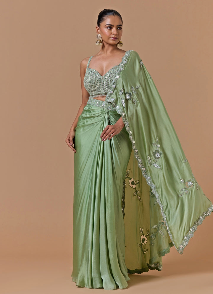 Jade Green Satin Pre-Draped Saree