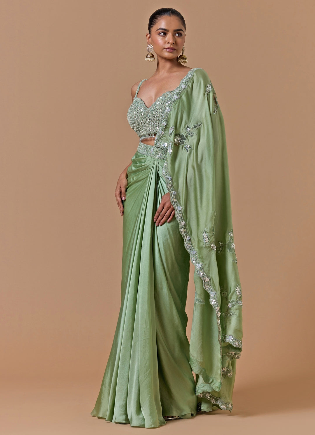 Jade Green Satin Pre-Draped Saree