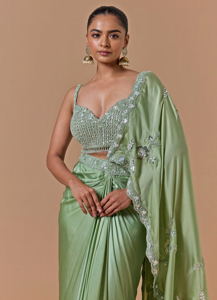 Jade Green Satin Pre-Draped Saree