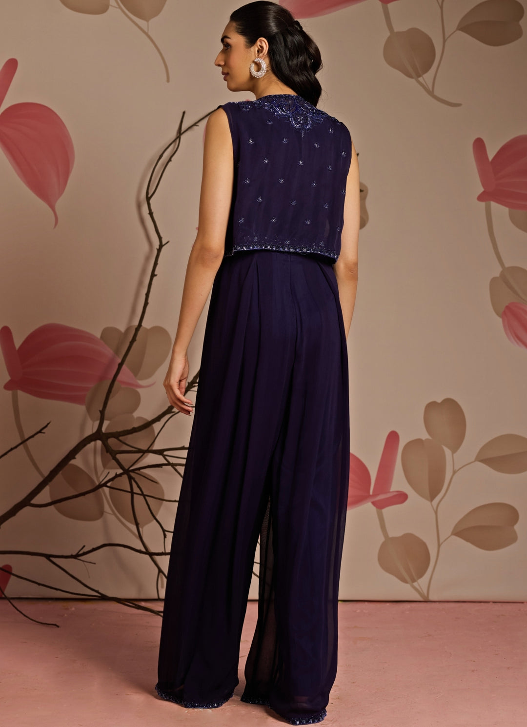 Midnight Blue Embroidered Jumpsuit Set