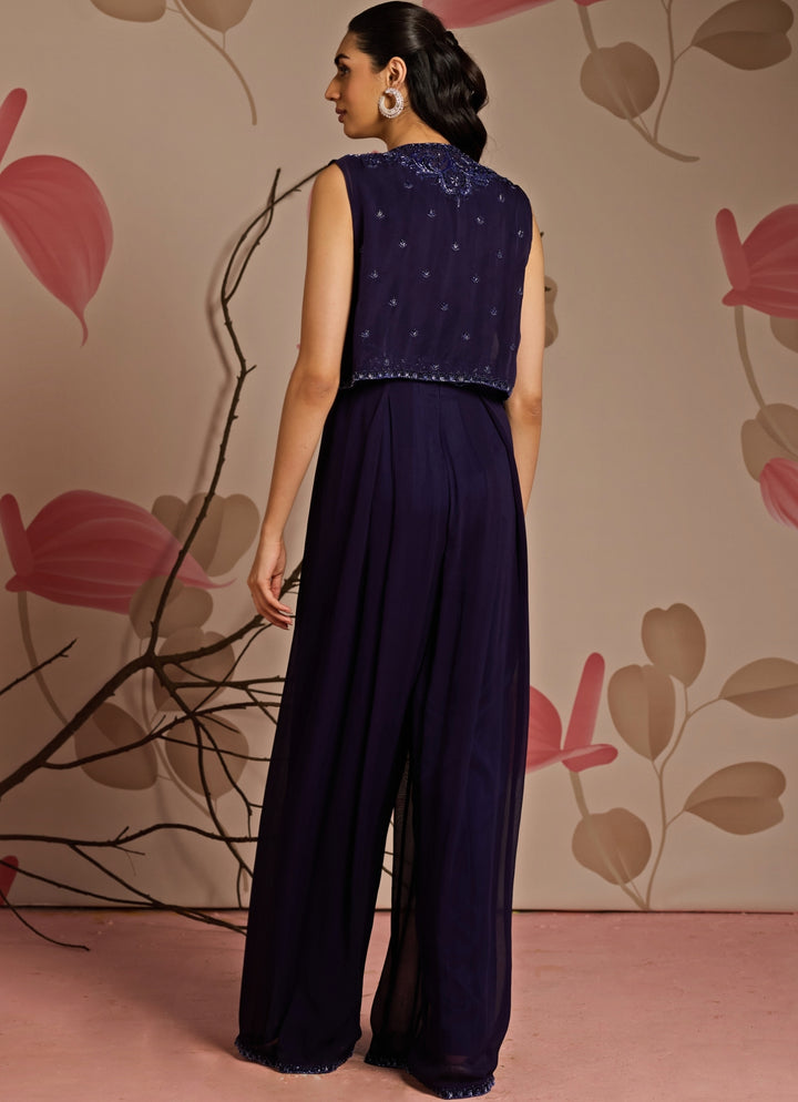 Midnight Blue Embroidered Jumpsuit Set