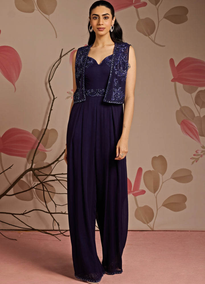Midnight Blue Embroidered Jumpsuit Set