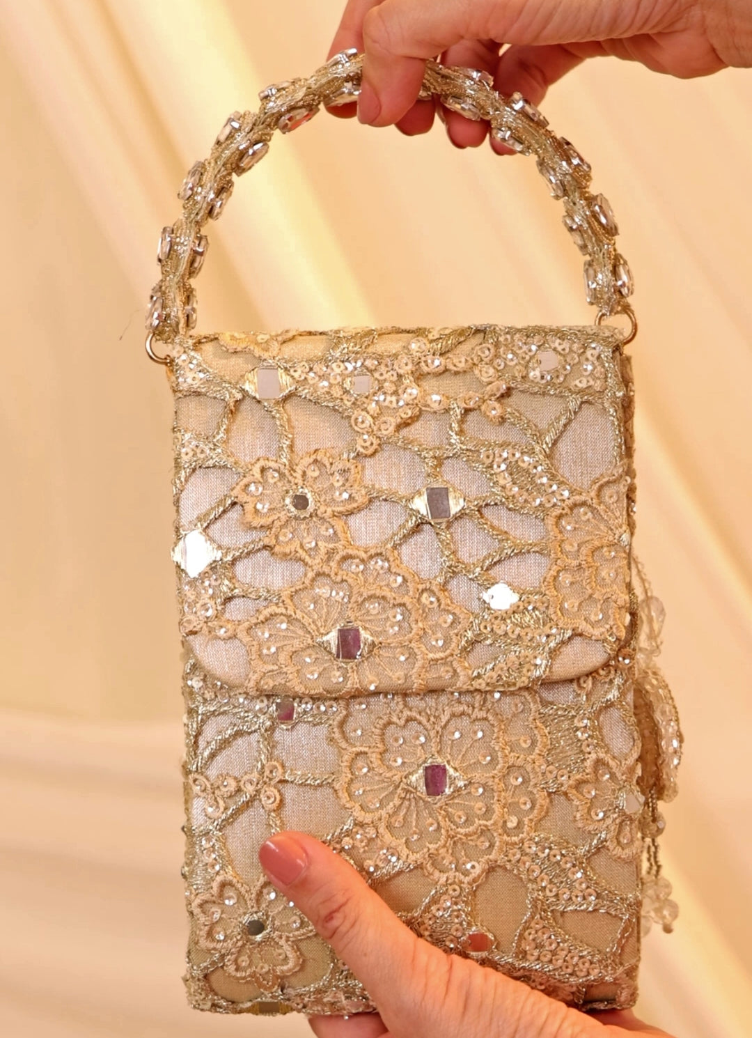 Gold Embroidered Cutwork Mobile Bag