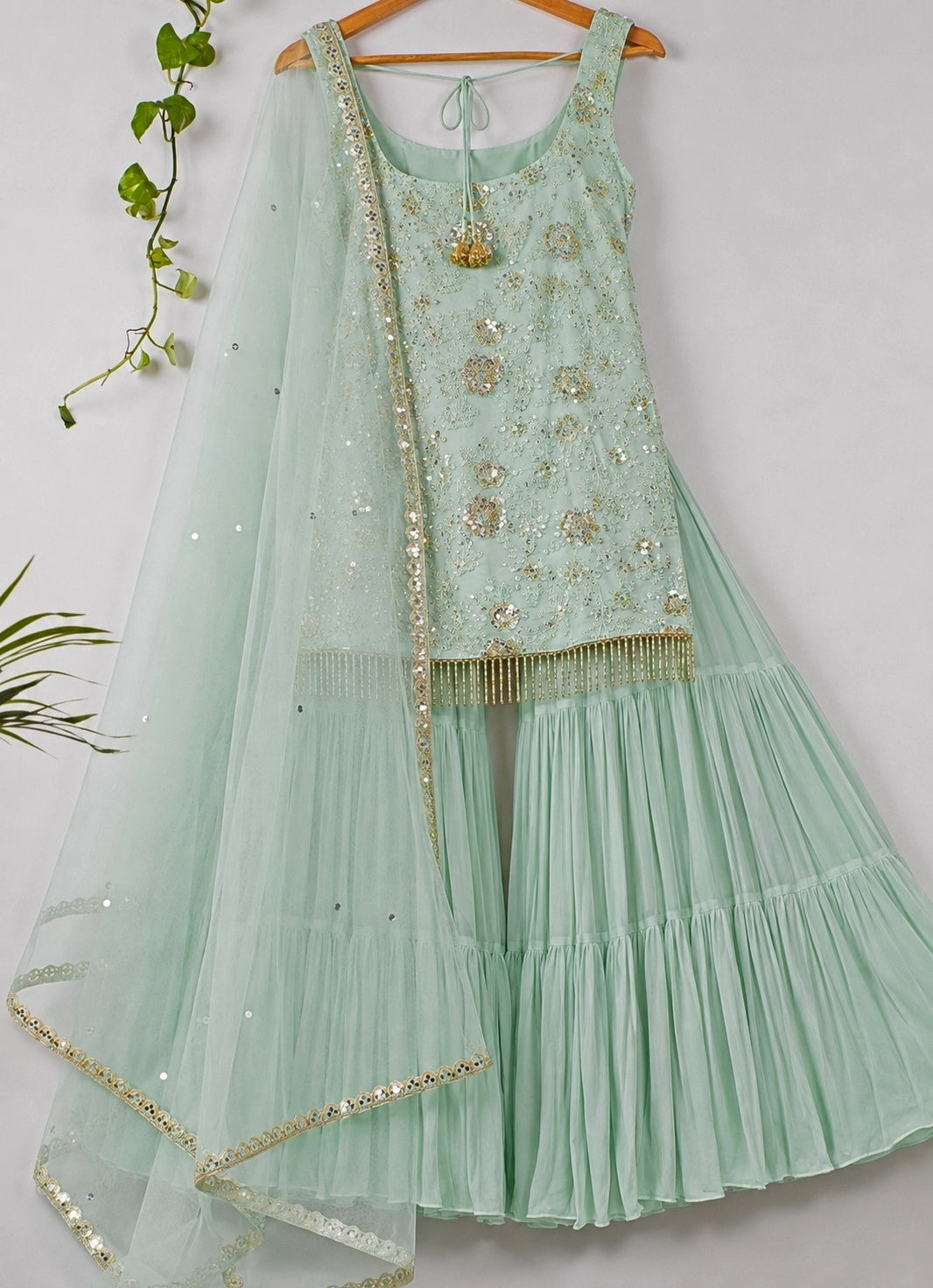 Sage Green Sequinned Kurta Sharara Set