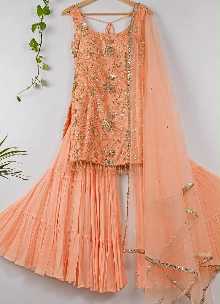 Muted Orange Sequinned Kurta Sharara Set
