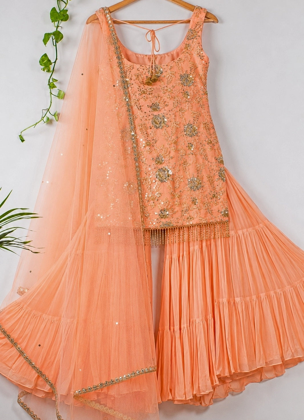 Muted Orange Sequinned Kurta Sharara Set