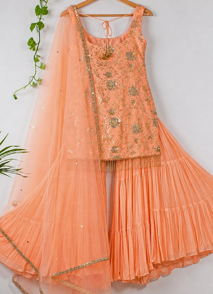 Muted Orange Sequinned Kurta Sharara Set