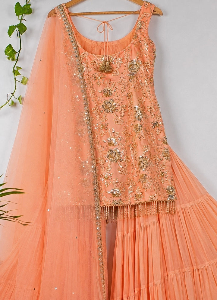 Muted Orange Sequinned Kurta Sharara Set