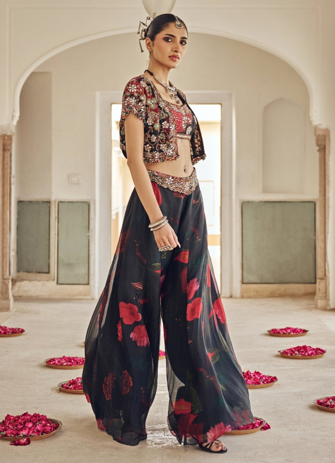 Black Printed Organza Pants Set With Jacket