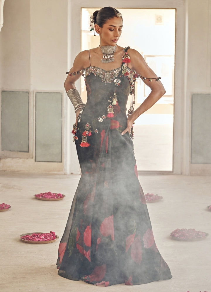 Black Printed Organza Pre-Draped Saree With Corset