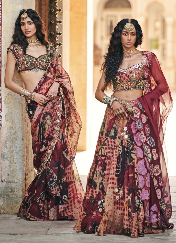Maroon Red Printed Organza Lehenga Set