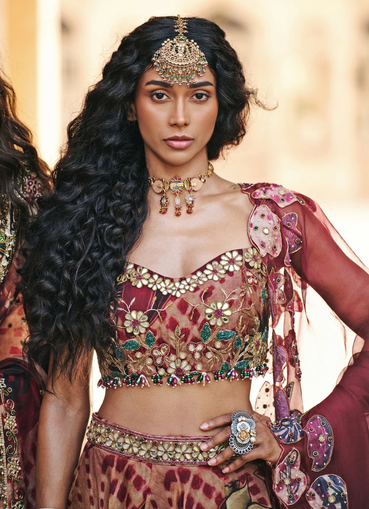 Maroon Red Printed Organza Lehenga Set