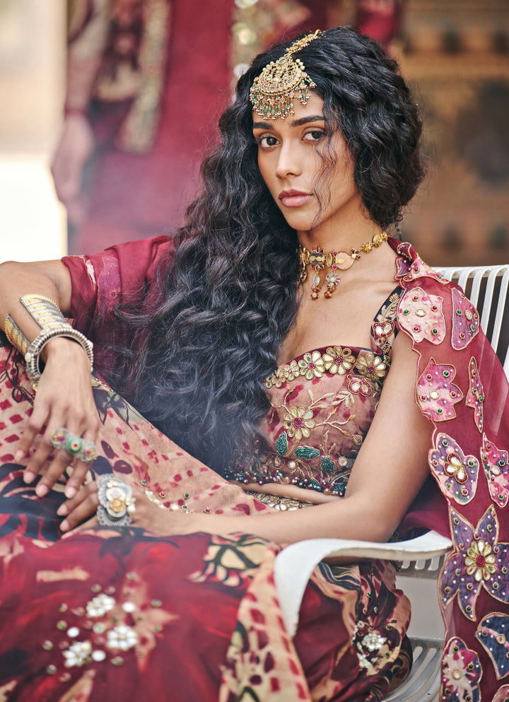 Maroon Red Printed Organza Lehenga Set