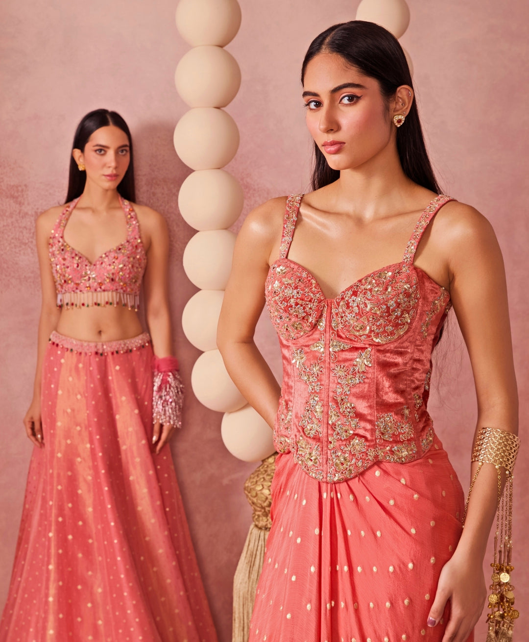 Coral Pink Jamewar Lehenga Set