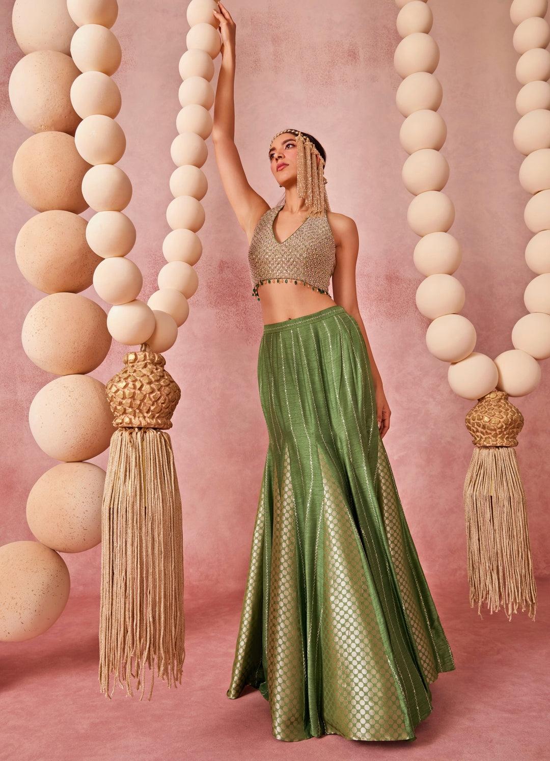 Green Jamewar Mermaid Lehenga Set