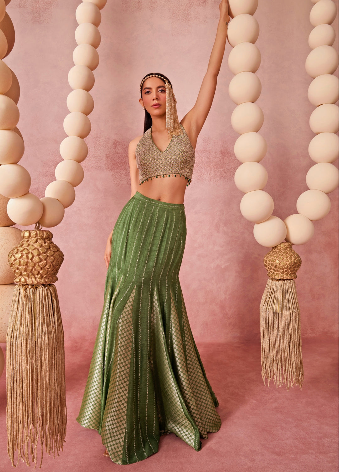 Green Jamewar Mermaid Lehenga Set