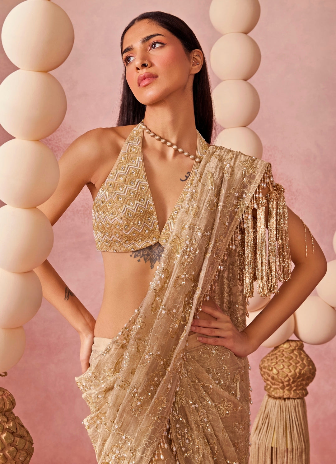 Gold Tissue Organza Pre-Draped Saree