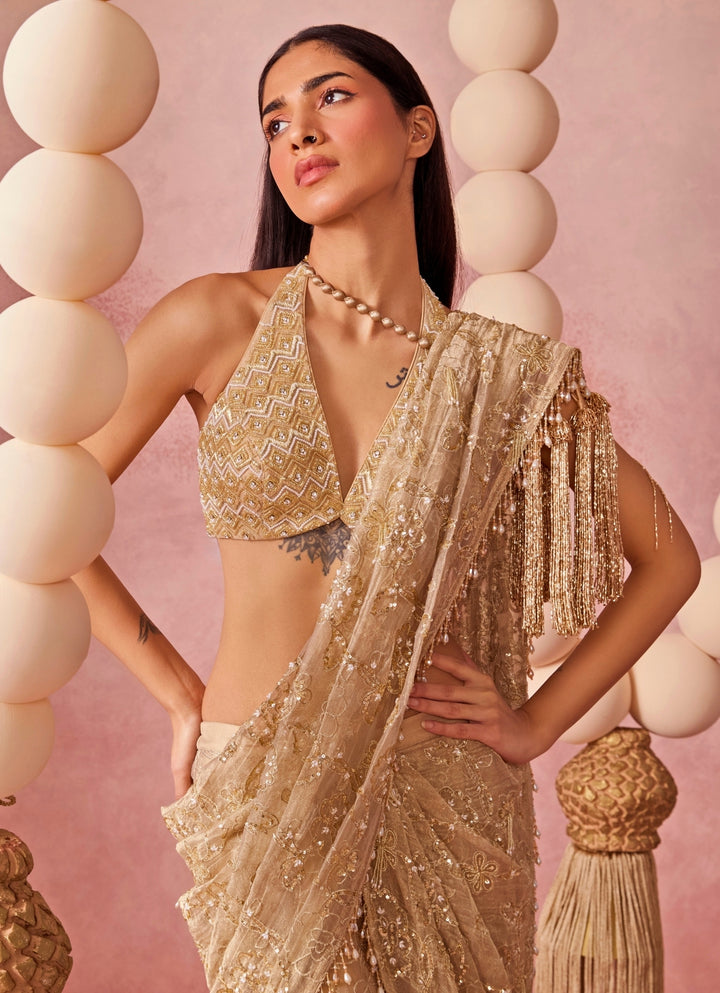 Gold Tissue Organza Pre-Draped Saree