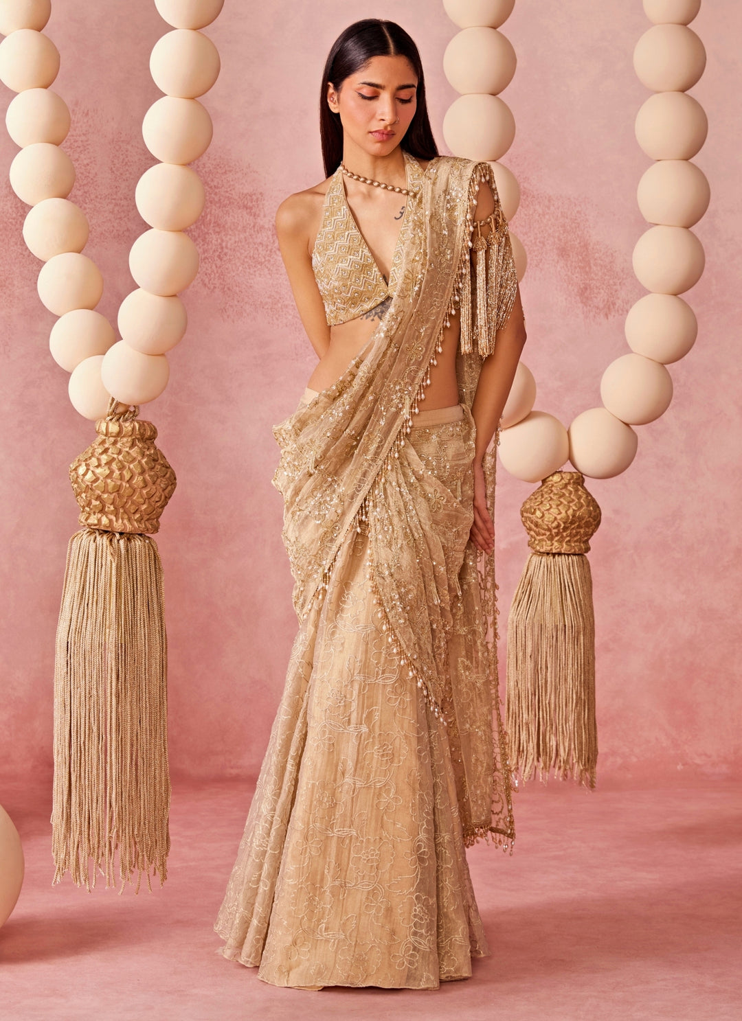 Gold Tissue Organza Pre-Draped Saree