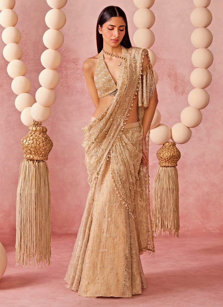 Gold Tissue Organza Pre-Draped Saree