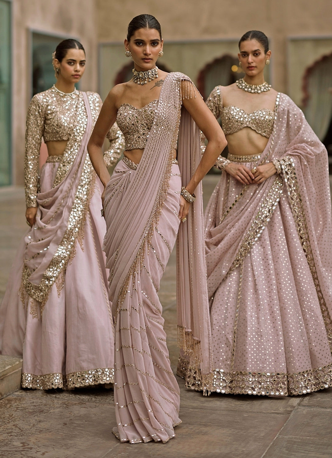 Ash Pink Linear Mirror Georgette Pre-Draped Saree