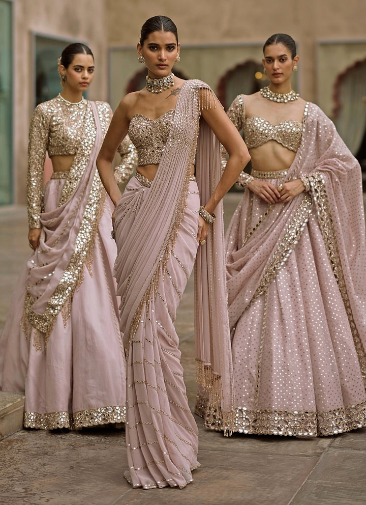 Ash Pink Linear Mirror Georgette Pre-Draped Saree