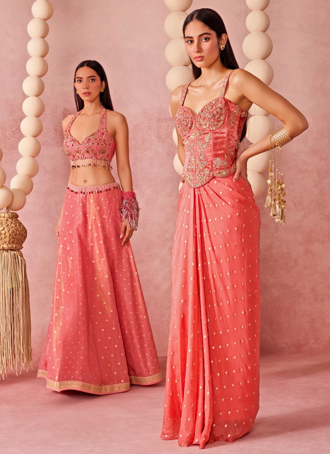 Coral Georgette Drape Skirt Set With Corset And Cape