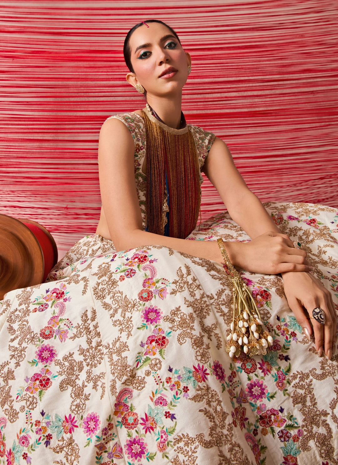 Ivory And Multicolour Dupion Silk Lehenga Set