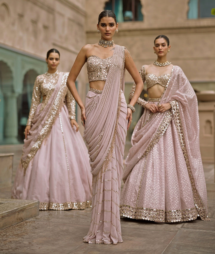 Ash Pink Linear Mirror Georgette Pre-Draped Saree