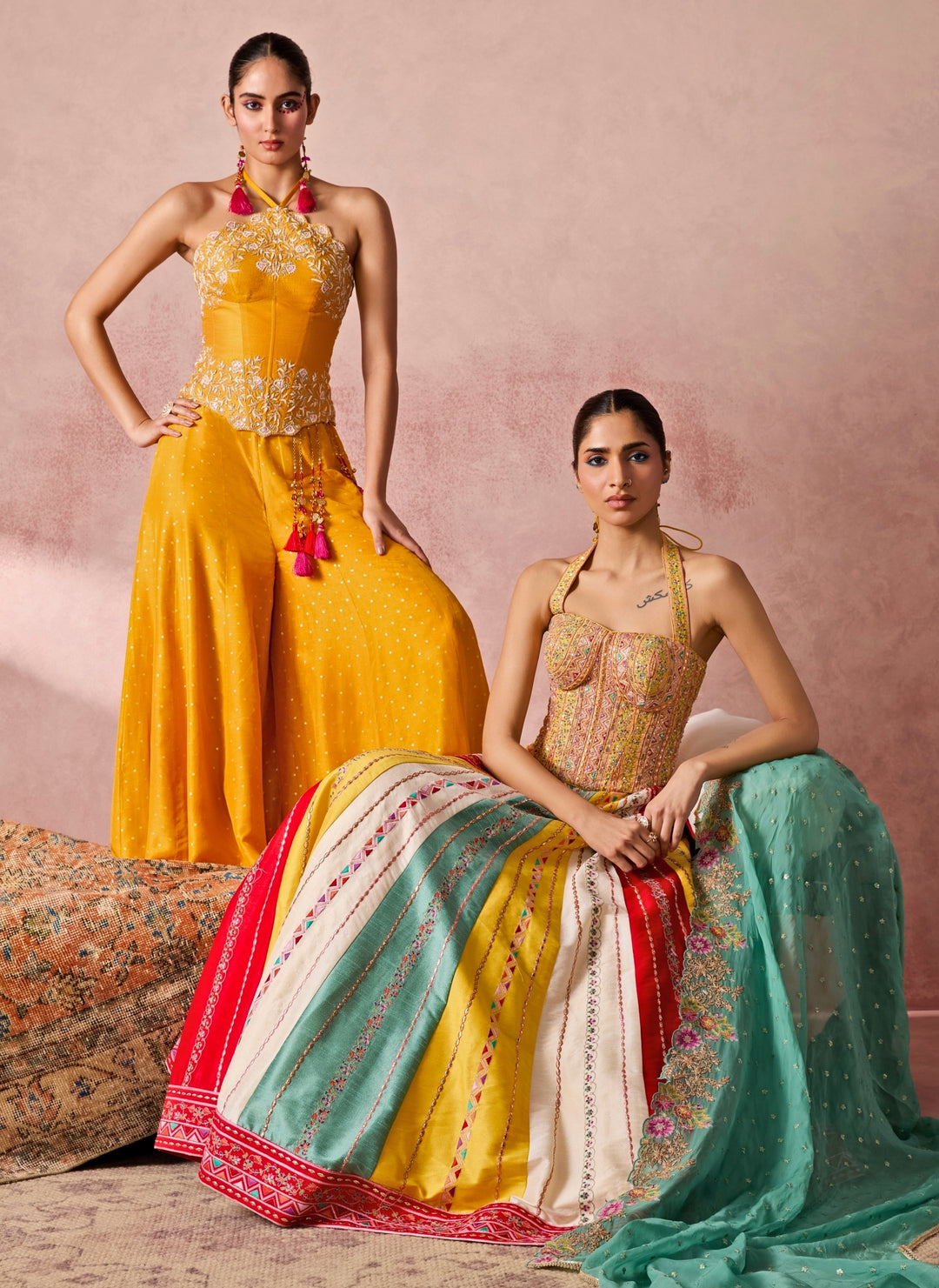 Yellow And Multicolour Dupion Silk Corset Lehenga Set