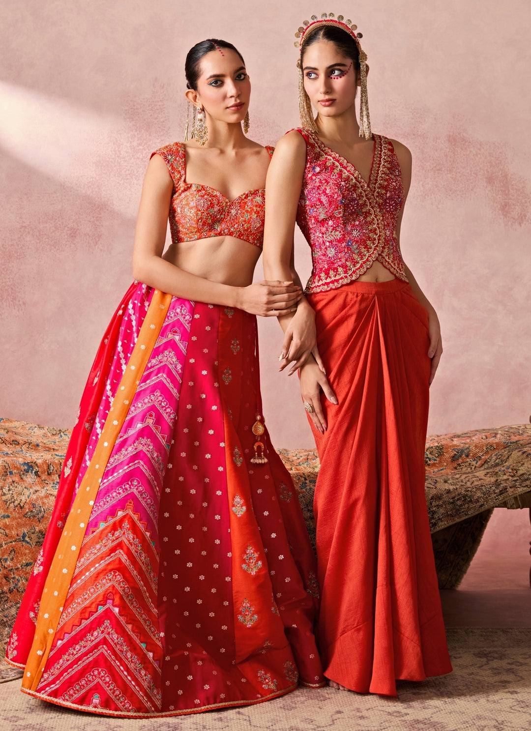 Rust Orange Silk Drape Skirt With Pink Vest