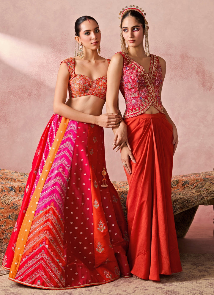 Rust Orange Silk Drape Skirt With Pink Vest