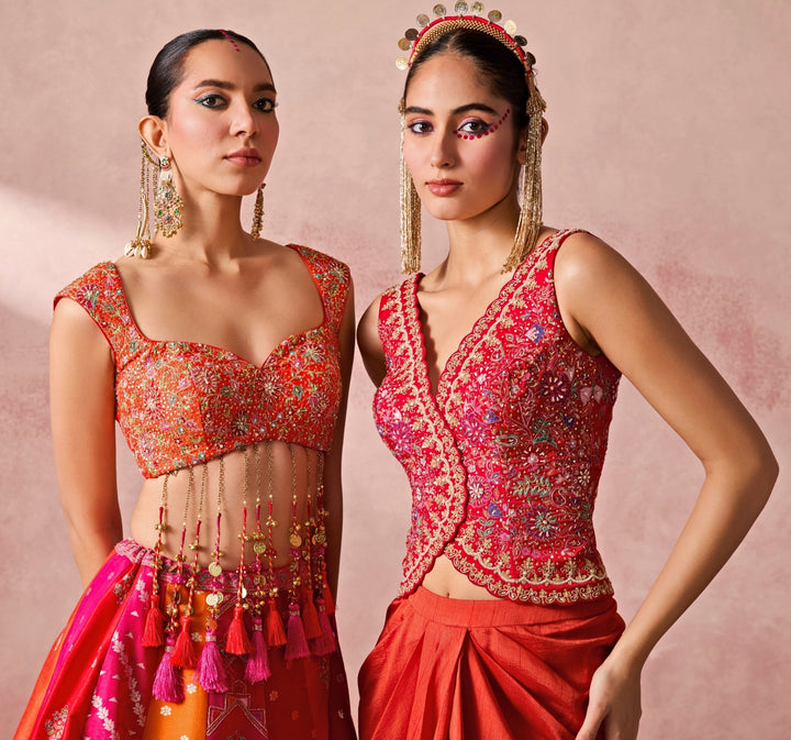 Rust Orange Silk Drape Skirt With Pink Vest