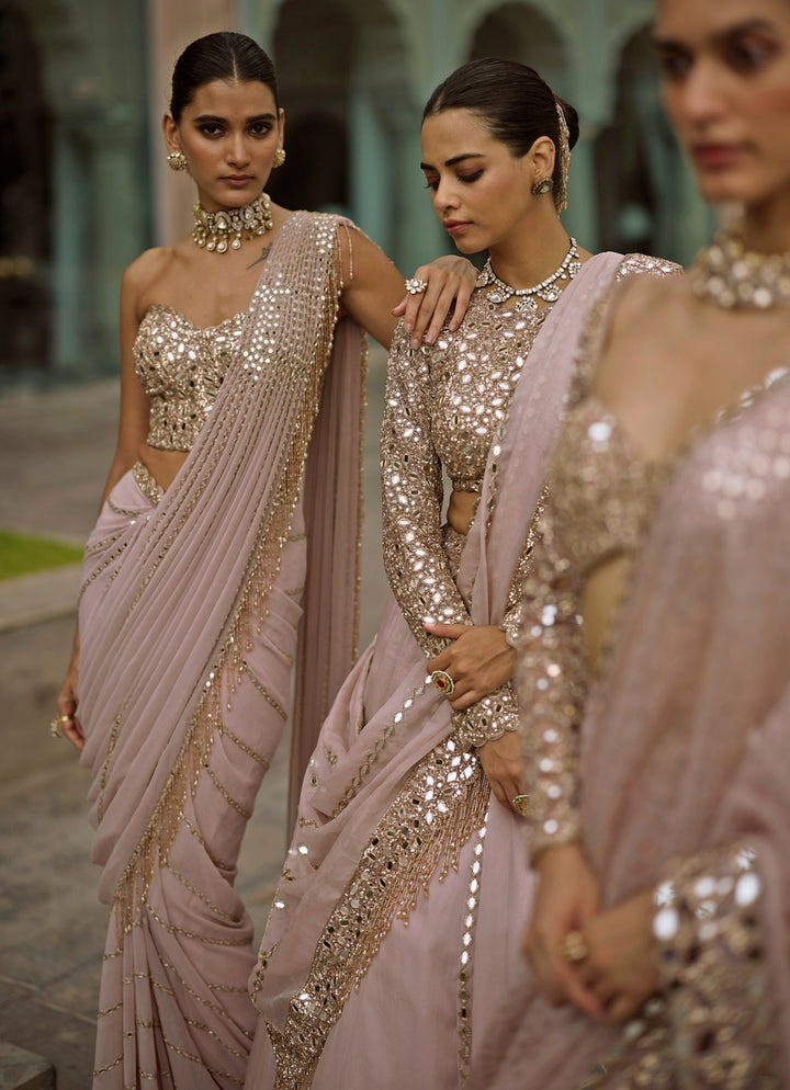 Ash Pink Linear Organza Lehenga