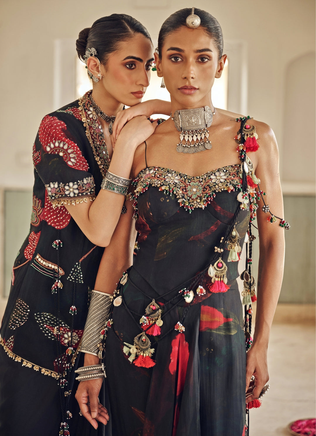 Black Printed Organza Pre-Draped Saree With Corset