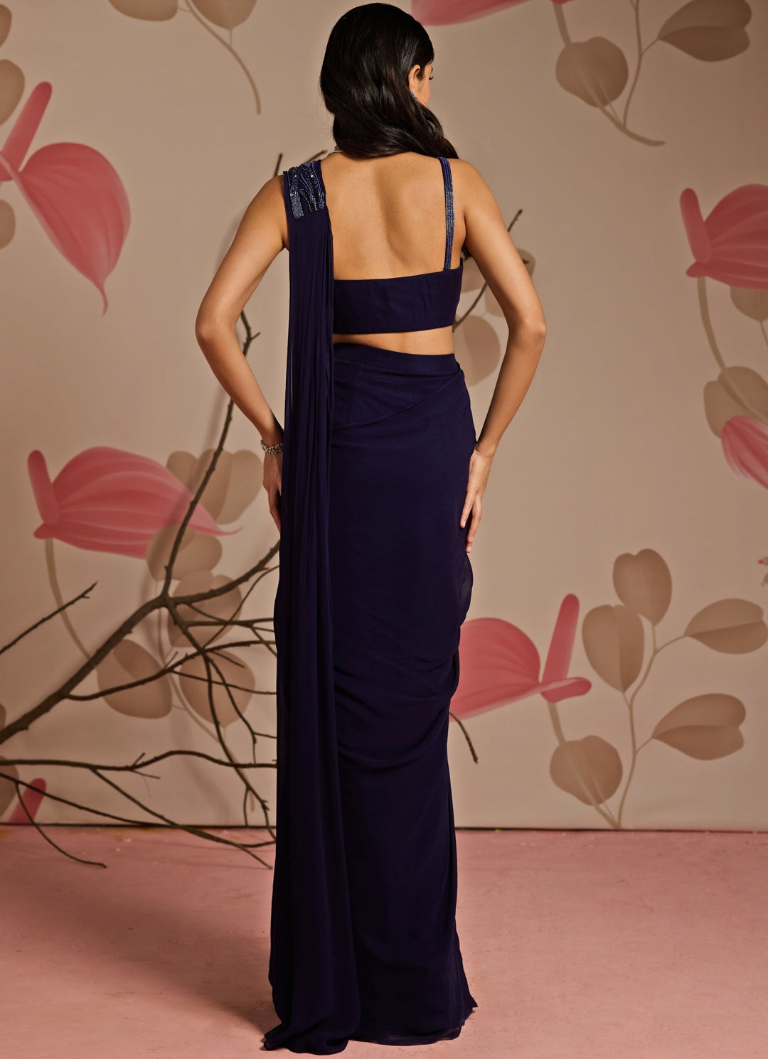 Midnight Blue Georgette Predraped Saree Set