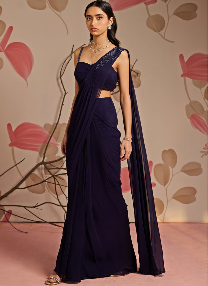 Midnight Blue Georgette Predraped Saree Set