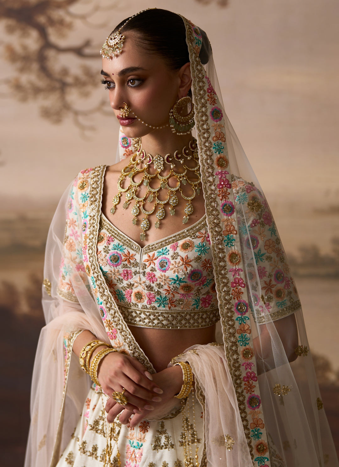 Ivory Raw Silk Double Dupatta Bridal Lehenga