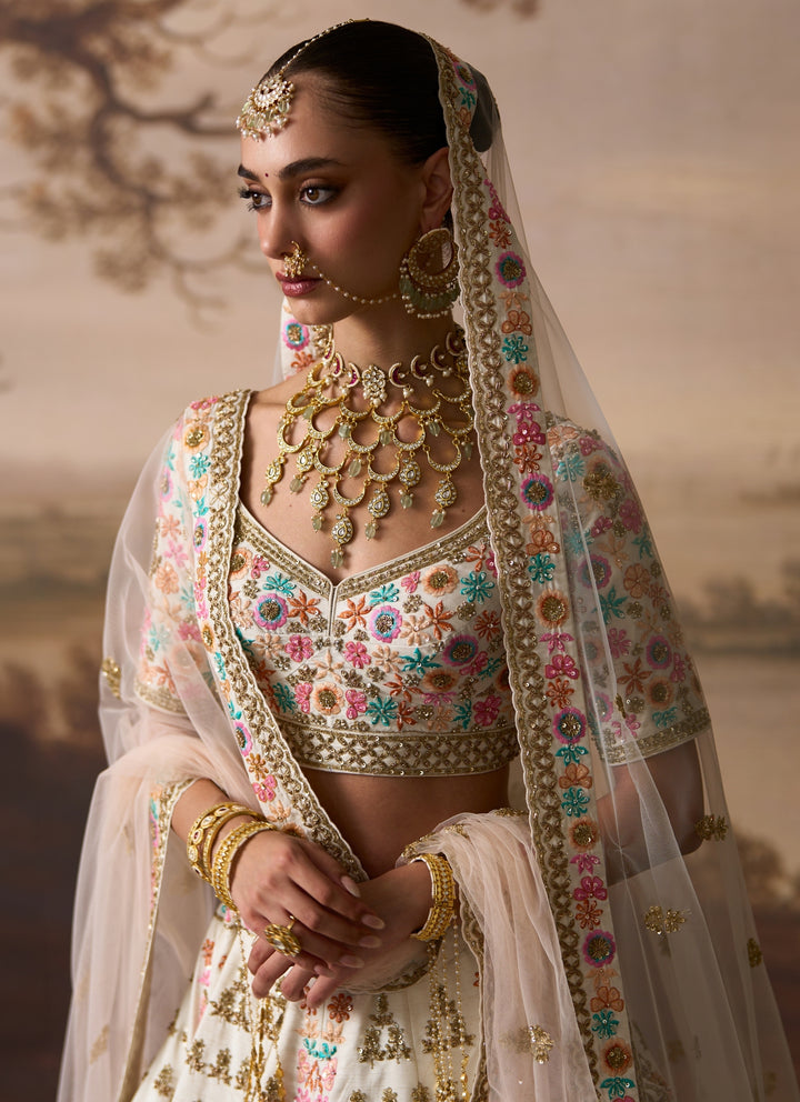 Ivory Raw Silk Double Dupatta Bridal Lehenga