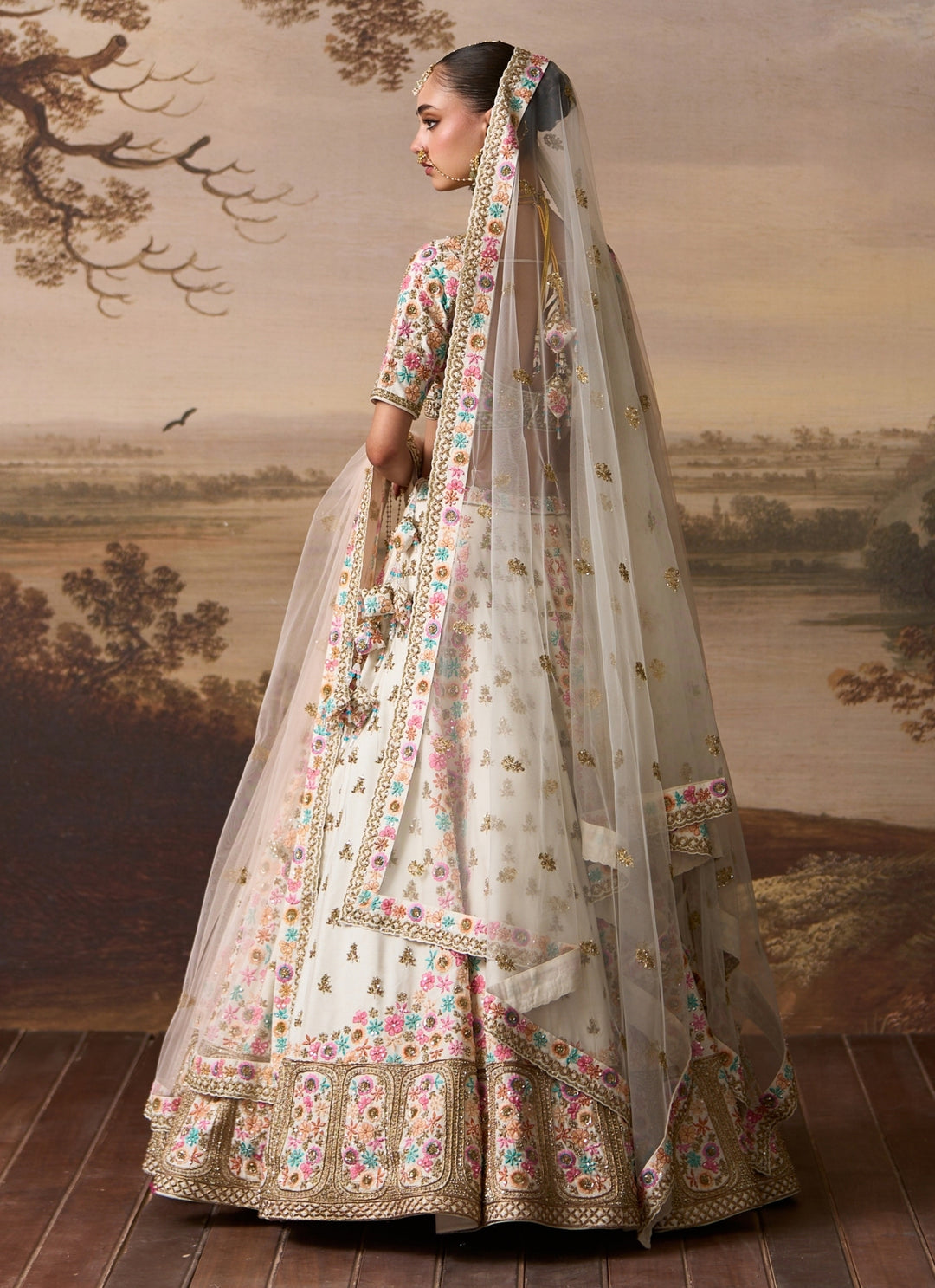 Ivory Raw Silk Double Dupatta Bridal Lehenga