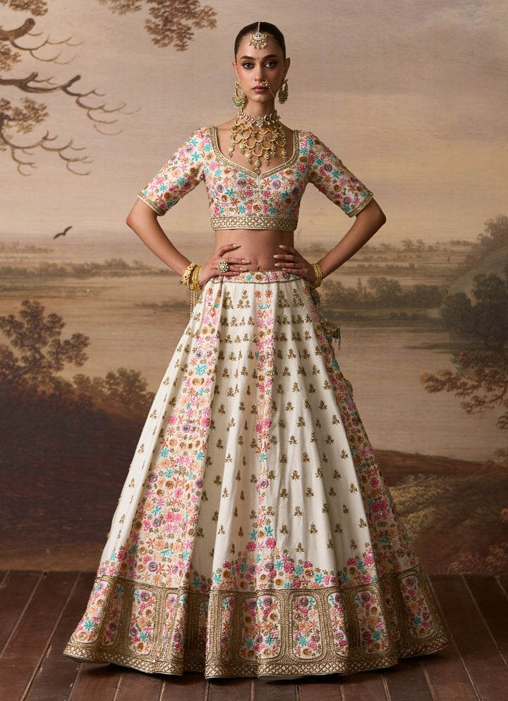 Ivory Raw Silk Double Dupatta Bridal Lehenga