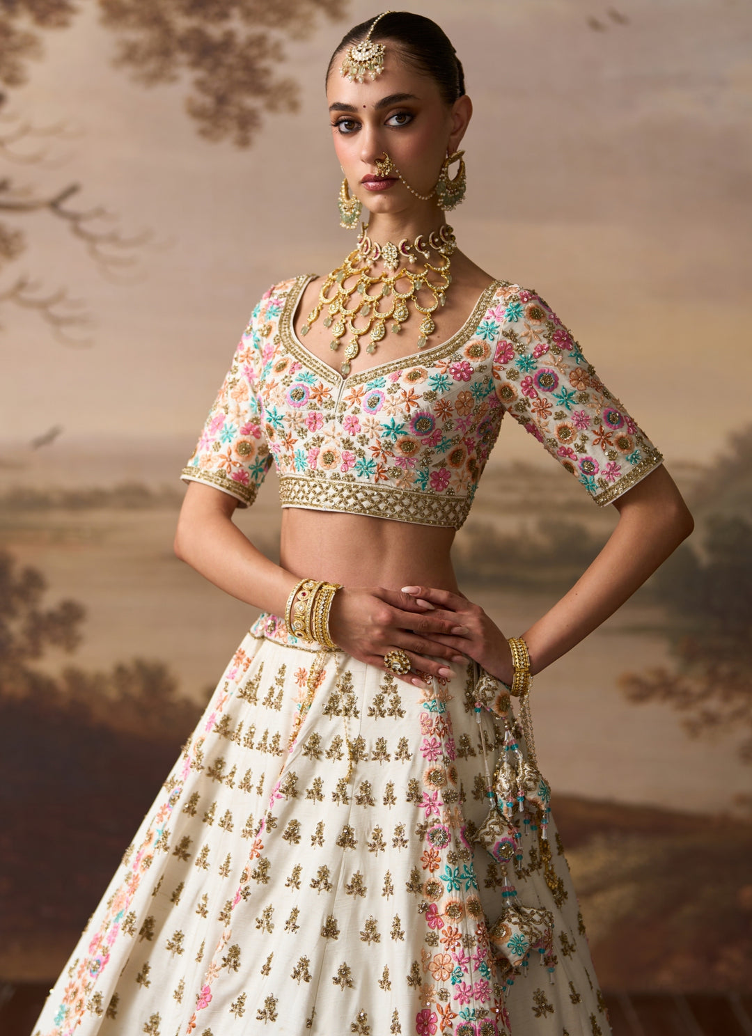 Ivory Raw Silk Double Dupatta Bridal Lehenga