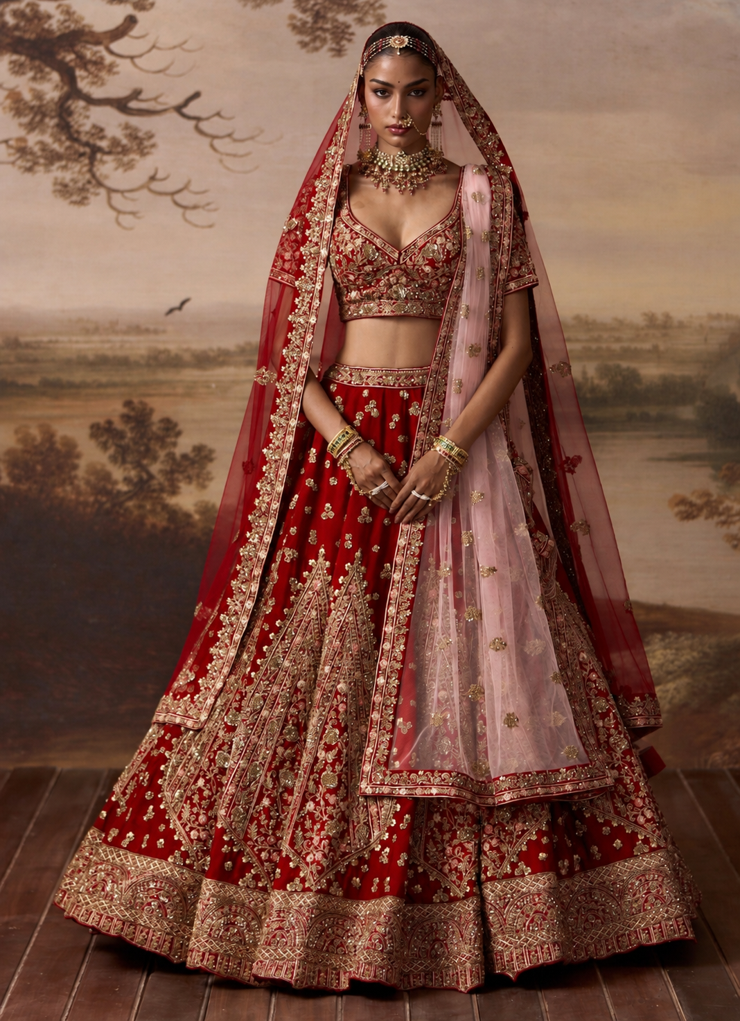 Crimson Red Raw Silk Double Dupatta Lehenga