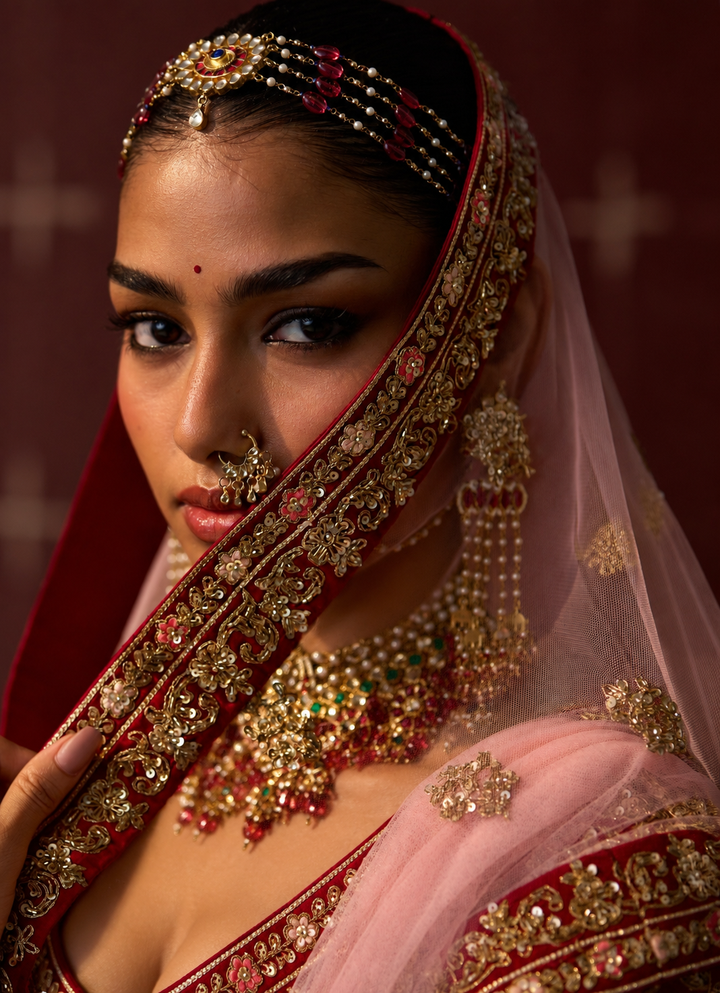 Crimson Red Raw Silk Double Dupatta Lehenga