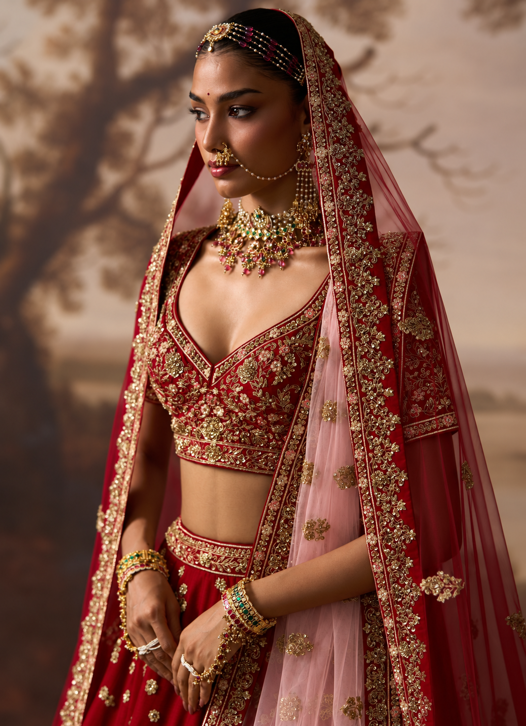 Crimson Red Raw Silk Double Dupatta Lehenga