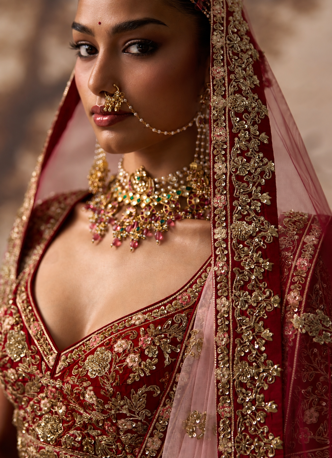 Crimson Red Raw Silk Double Dupatta Lehenga