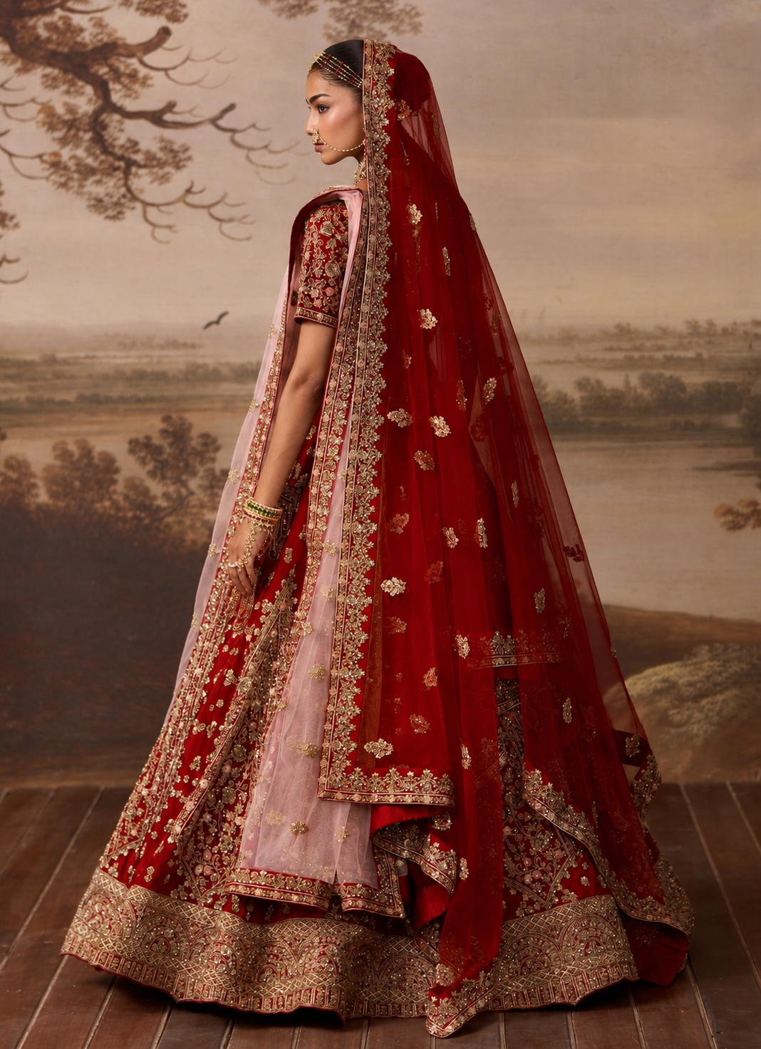 Crimson Red Raw Silk Double Dupatta Lehenga